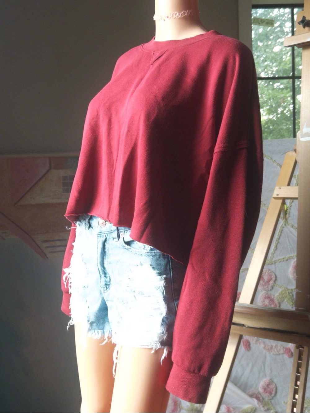Women's Cropped Crewneck Sweatshirt Burgundy Red Cozy Oversized